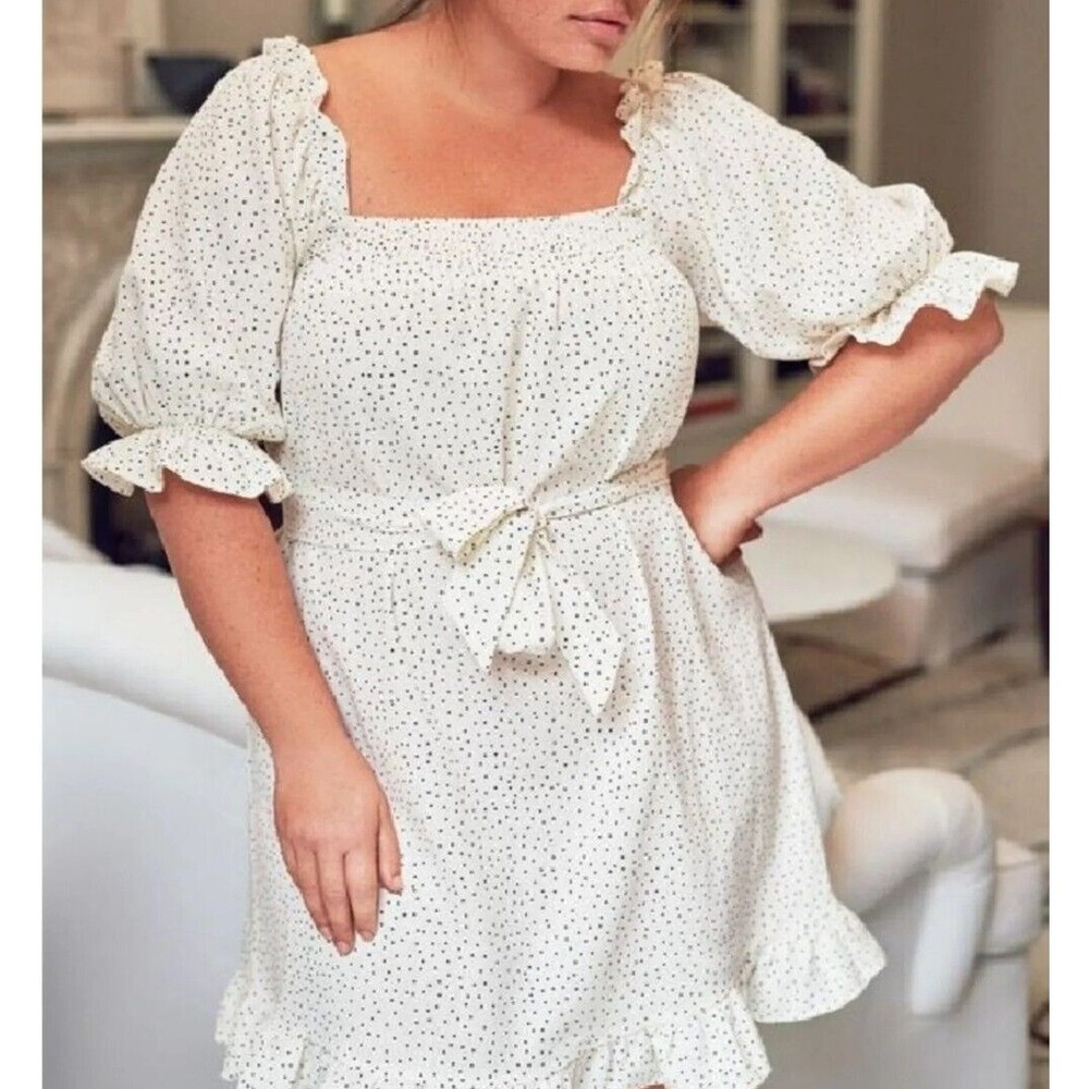 Eloquii Polka Dot Square Neck Ruffled Smocked Linen Peasant Mini Dress 26/28 NWT